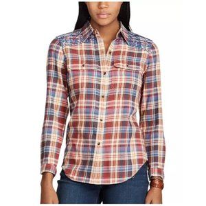 Chaps Button Down Long Sleeve Colorful Plaid Cotton Shirt Women’s Size Small ?